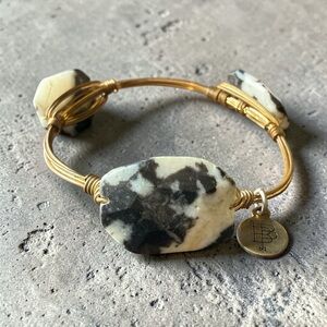 Bourbon and Boweties Gold Wire Wrapped Dalmatian Jasper Stone Bangle Boho